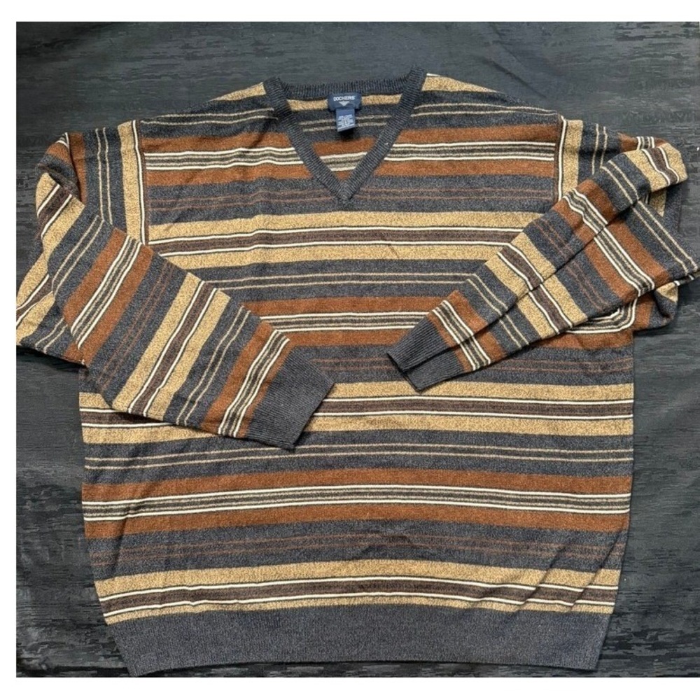 Dockers Mens V Neck Sweater 3XL Y2K Striped Brown Tan Grey Pullover Relaxed Fit